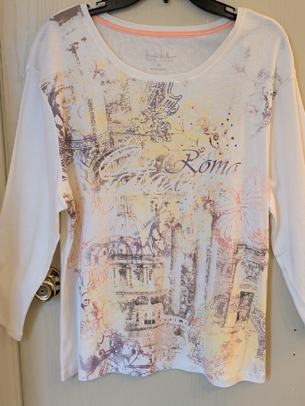 Nicole Miller Y2K Roma Graphic Long Sleeve Tee 2X NWT White Cotton Vintage Style
